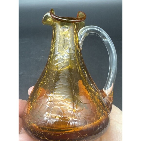 VTG Pilgrim Glass AMBER Crackle Pitcher Vase Ruffle Top Applied Handle 4.5” - Picture 7 of 9